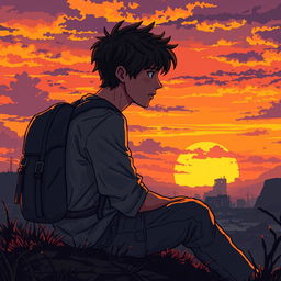 A pixel art scene depicting a young man sitting with a backpack, gazing at a sunset in an apocalyptic zombie setting