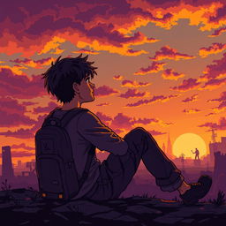 A pixel art scene depicting a young man sitting with a backpack, gazing at a sunset in an apocalyptic zombie setting