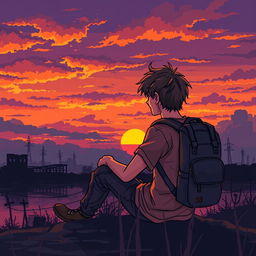 A pixel art scene depicting a young man sitting with a backpack, gazing at a sunset in an apocalyptic zombie setting