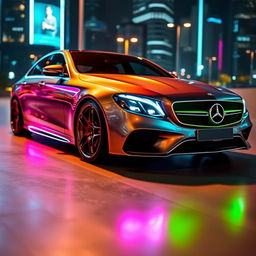 A sleek and stylish Mercedes E 200 car, designed without headlights, adorned with vibrant neon lights that illuminate its sleek silhouette