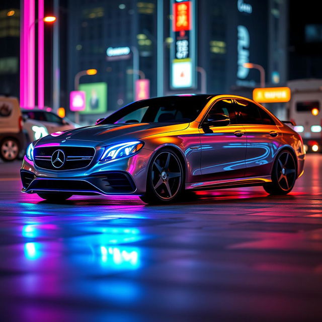 A sleek and stylish Mercedes E 200 car, designed without headlights, adorned with vibrant neon lights that illuminate its sleek silhouette