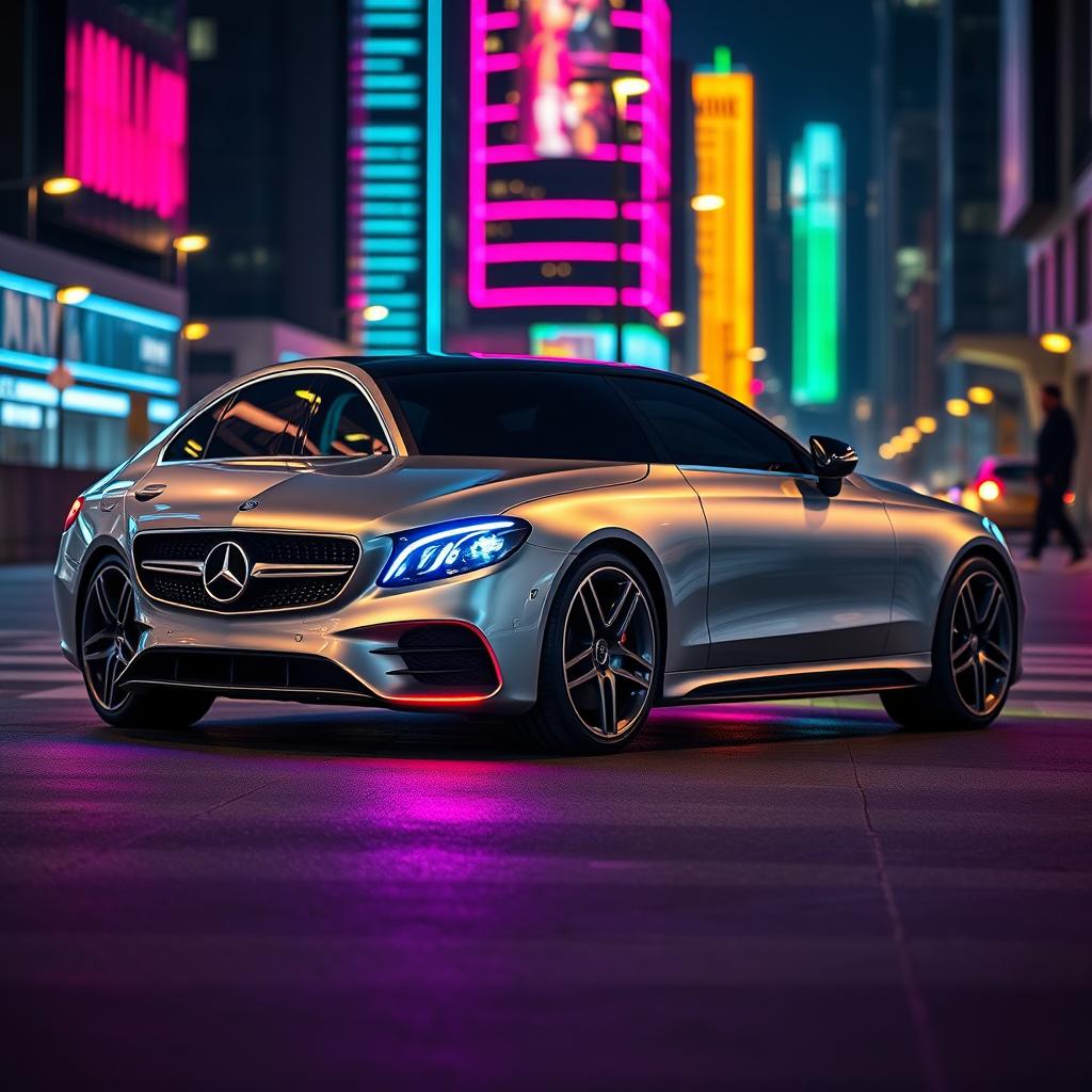 A sleek and stylish Mercedes E 200 car, designed without headlights, adorned with vibrant neon lights that illuminate its sleek silhouette