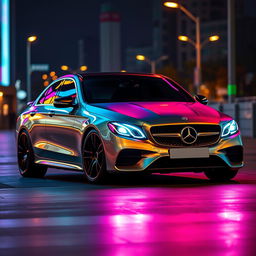 A sleek and stylish Mercedes E 200 car, designed without headlights, adorned with vibrant neon lights that illuminate its sleek silhouette