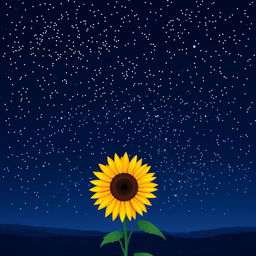 A breathtaking night landscape featuring a single sunflower in striking, unusual colors against a starry night sky