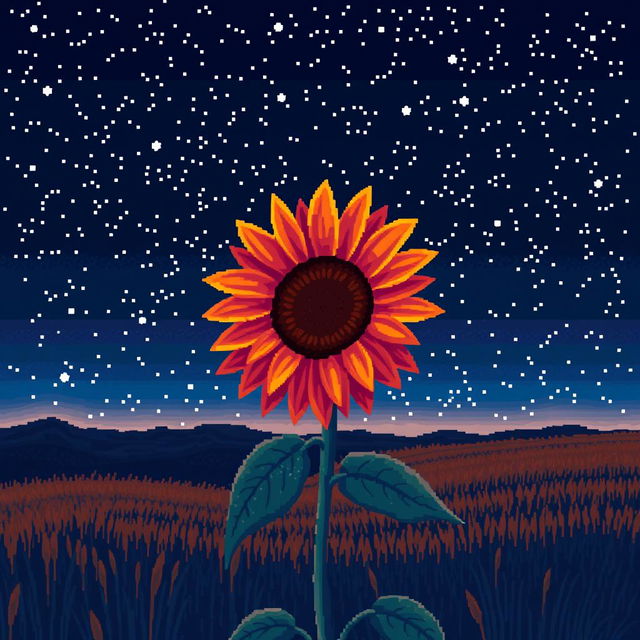 A breathtaking night landscape featuring a single sunflower in striking, unusual colors against a starry night sky