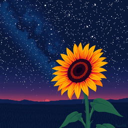 A breathtaking night landscape featuring a single sunflower in striking, unusual colors against a starry night sky