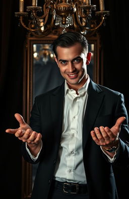 A dramatic portrait of a manipulative person, showcasing a confident individual standing in a dimly lit room, wearing a sharp, tailored suit, with an intense gaze and a sly smile
