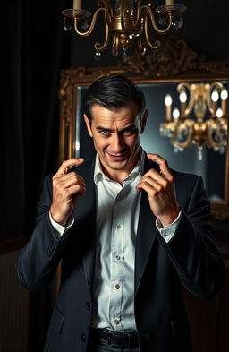 A dramatic portrait of a manipulative person, showcasing a confident individual standing in a dimly lit room, wearing a sharp, tailored suit, with an intense gaze and a sly smile