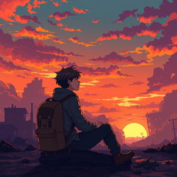 A pixel art scene depicting a young man sitting with a backpack, gazing at a sunset in an apocalyptic zombie setting