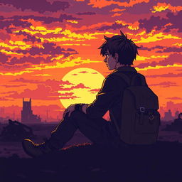 A pixel art scene depicting a young man sitting with a backpack, gazing at a sunset in an apocalyptic zombie setting