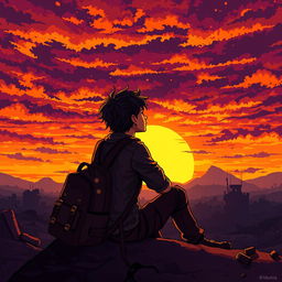 A pixel art scene depicting a young man sitting with a backpack, gazing at a sunset in an apocalyptic zombie setting