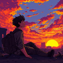 A pixel art scene depicting a young man sitting with a backpack, gazing at a sunset in an apocalyptic zombie setting