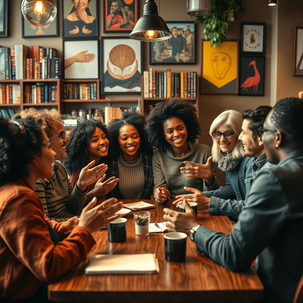 A lively gathering of diverse people engaging in a passionate discussion, all united in their shared beliefs