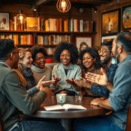 A lively gathering of diverse people engaging in a passionate discussion, all united in their shared beliefs