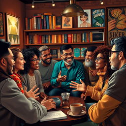 A lively gathering of diverse people engaging in a passionate discussion, all united in their shared beliefs