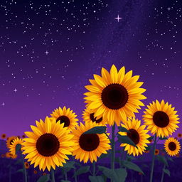 An extraordinary and beautiful night landscape featuring multiple sunflowers against an unusual violet-tinted sky