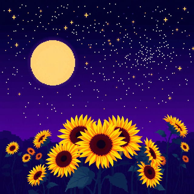 An extraordinary and beautiful night landscape featuring multiple sunflowers against an unusual violet-tinted sky