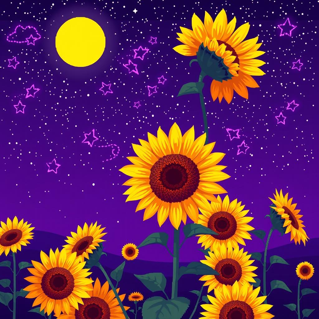 An extraordinary and beautiful night landscape featuring multiple sunflowers against an unusual violet-tinted sky