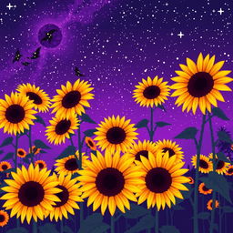 An extraordinary and beautiful night landscape featuring multiple sunflowers against an unusual violet-tinted sky