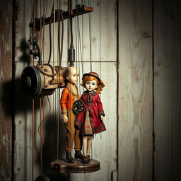 An artistic depiction of a vintage-style manipulator device, such as a marionette or puppet mechanism, set against a distressed wooden backdrop