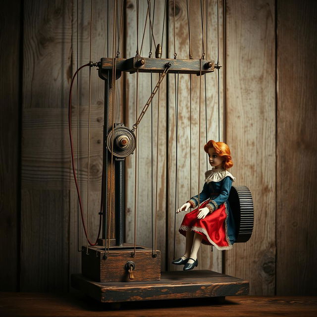 An artistic depiction of a vintage-style manipulator device, such as a marionette or puppet mechanism, set against a distressed wooden backdrop