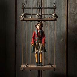 An artistic depiction of a vintage-style manipulator device, such as a marionette or puppet mechanism, set against a distressed wooden backdrop
