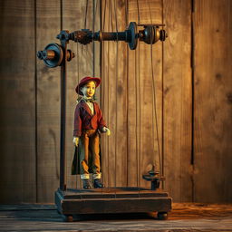 An artistic depiction of a vintage-style manipulator device, such as a marionette or puppet mechanism, set against a distressed wooden backdrop