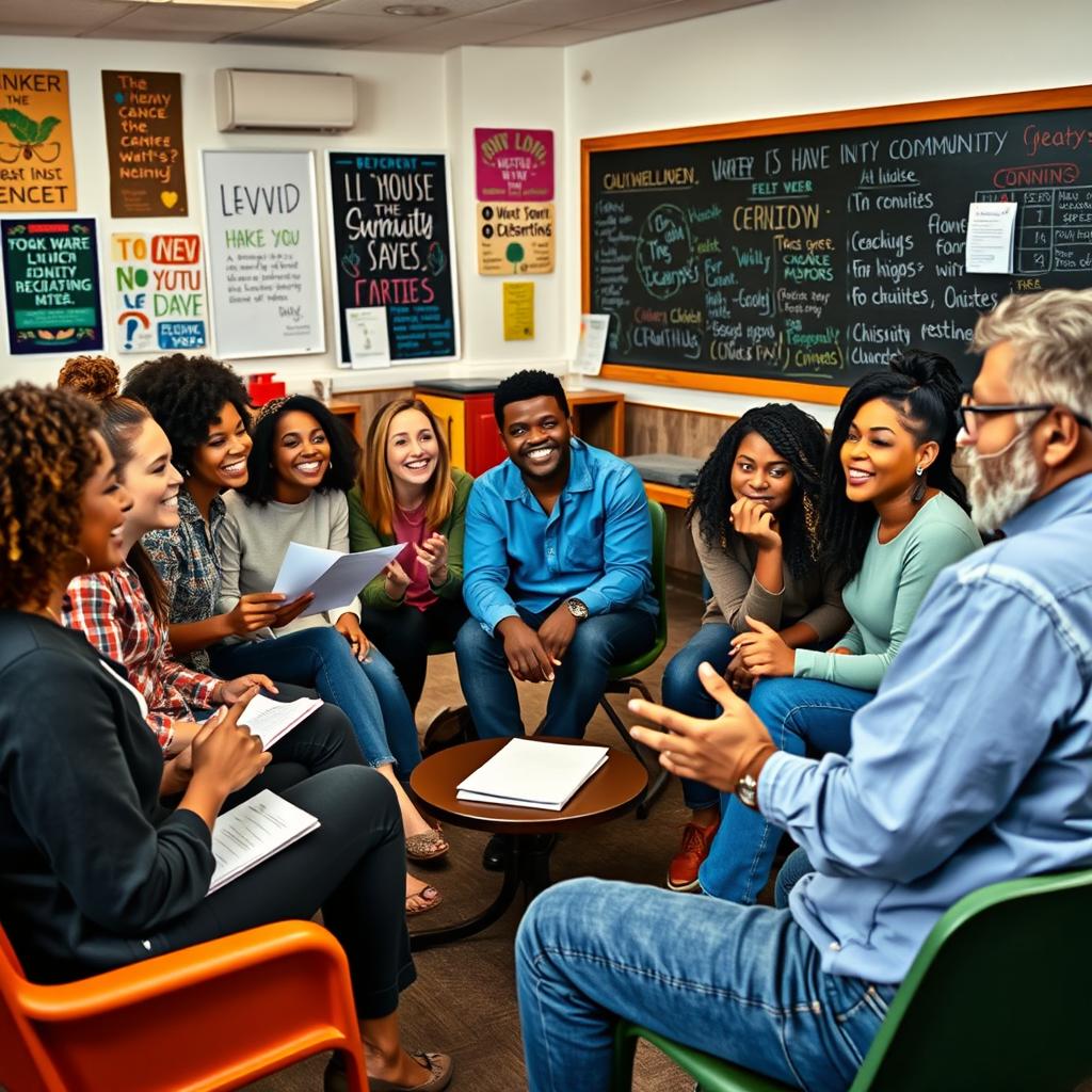 A vibrant scene depicting a group of individuals passionately sharing ideas and beliefs in a lively community center