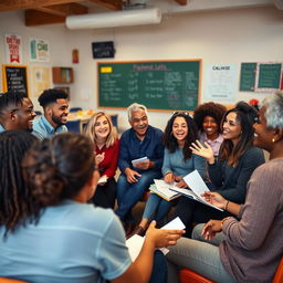 A vibrant scene depicting a group of individuals passionately sharing ideas and beliefs in a lively community center