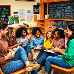 A vibrant scene depicting a group of individuals passionately sharing ideas and beliefs in a lively community center