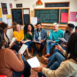 A vibrant scene depicting a group of individuals passionately sharing ideas and beliefs in a lively community center