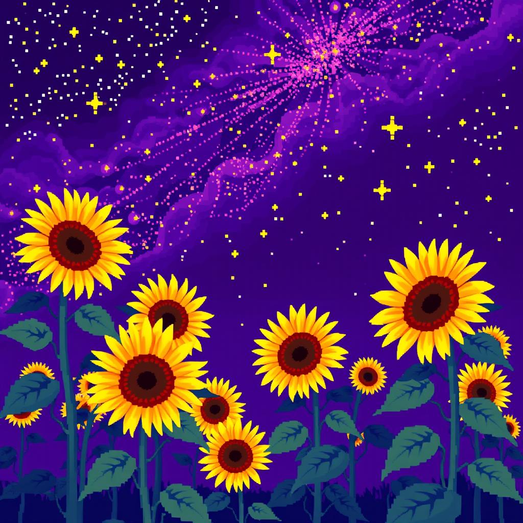 A stunning night landscape filled with multiple sunflowers against an extraordinary violet sky