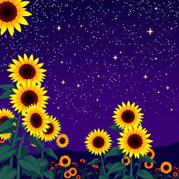 A stunning night landscape filled with multiple sunflowers against an extraordinary violet sky