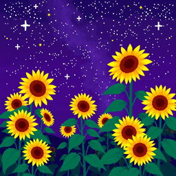 A stunning night landscape filled with multiple sunflowers against an extraordinary violet sky