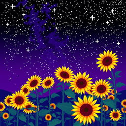 A stunning night landscape filled with multiple sunflowers against an extraordinary violet sky