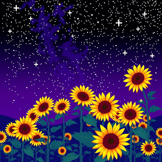 A stunning night landscape filled with multiple sunflowers against an extraordinary violet sky