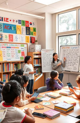 A visually engaging classroom scene dedicated to language education, featuring enthusiastic students of diverse backgrounds actively participating in a language learning session