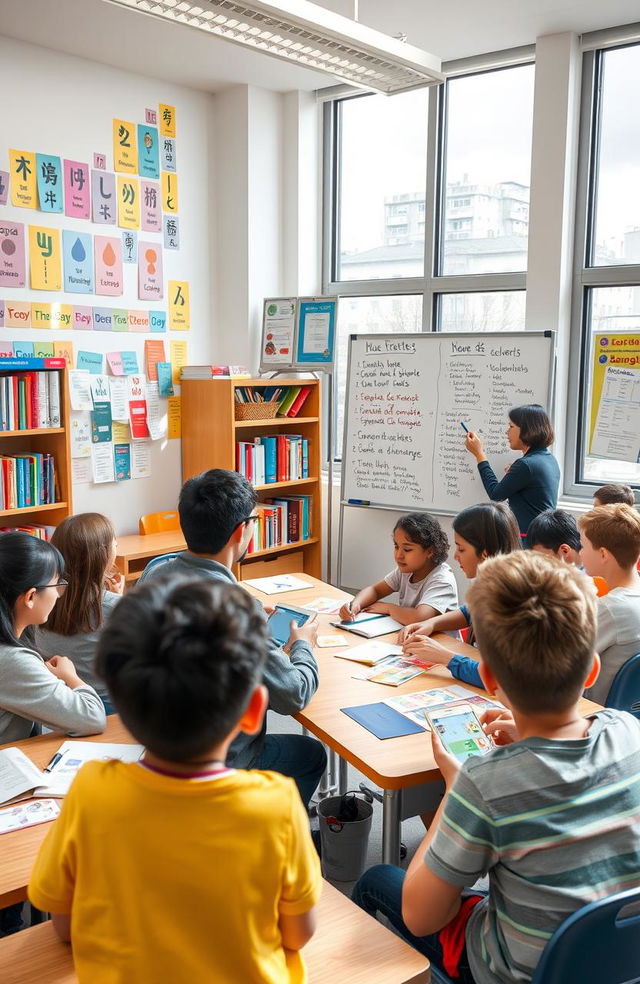 A visually engaging classroom scene dedicated to language education, featuring enthusiastic students of diverse backgrounds actively participating in a language learning session