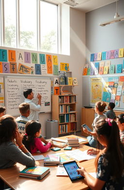 A visually engaging classroom scene dedicated to language education, featuring enthusiastic students of diverse backgrounds actively participating in a language learning session