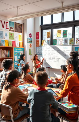 A visually engaging classroom scene dedicated to language education, featuring enthusiastic students of diverse backgrounds actively participating in a language learning session