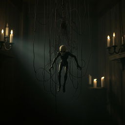 A hauntingly atmospheric depiction of a sinister manipulator device, such as a dark, intricate marionette contraption suspended in mid-air