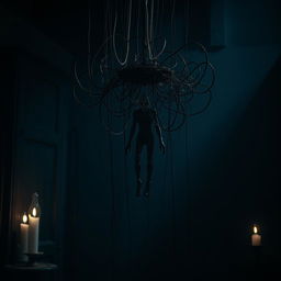 A hauntingly atmospheric depiction of a sinister manipulator device, such as a dark, intricate marionette contraption suspended in mid-air