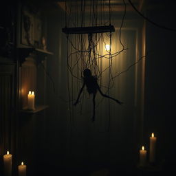 A hauntingly atmospheric depiction of a sinister manipulator device, such as a dark, intricate marionette contraption suspended in mid-air