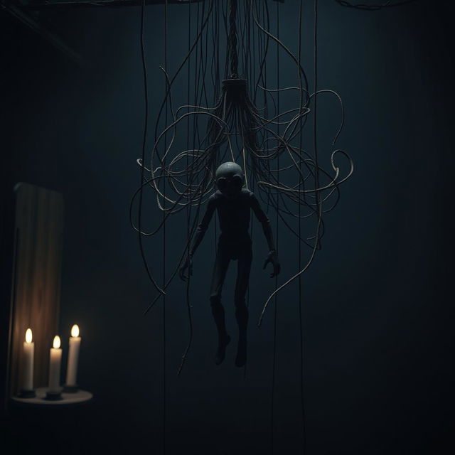 A hauntingly atmospheric depiction of a sinister manipulator device, such as a dark, intricate marionette contraption suspended in mid-air