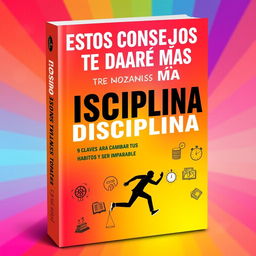 A vibrant and inspiring book cover design featuring the title 'Estos Consejos Te Darán Más Disciplina: 9 Claves para Cambiar Tus Hábitos y Ser Imparable'