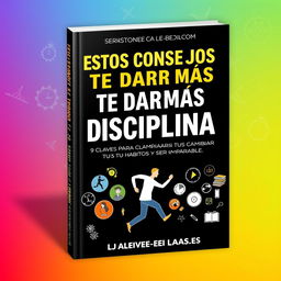 A vibrant and inspiring book cover design featuring the title 'Estos Consejos Te Darán Más Disciplina: 9 Claves para Cambiar Tus Hábitos y Ser Imparable'