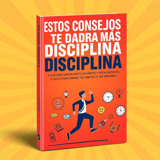 A vibrant and inspiring book cover design featuring the title 'Estos Consejos Te Darán Más Disciplina: 9 Claves para Cambiar Tus Hábitos y Ser Imparable'