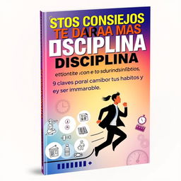 A vibrant and inspiring book cover design featuring the title 'Estos Consejos Te Darán Más Disciplina: 9 Claves para Cambiar Tus Hábitos y Ser Imparable'