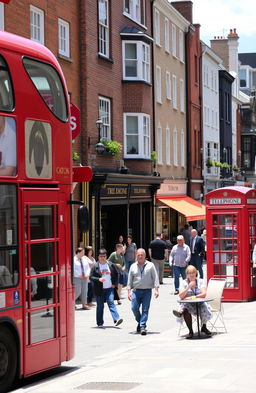 A bustling urban street scene in an English city, vibrant with activity