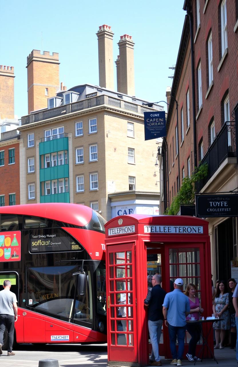 A bustling urban street scene in an English city, vibrant with activity